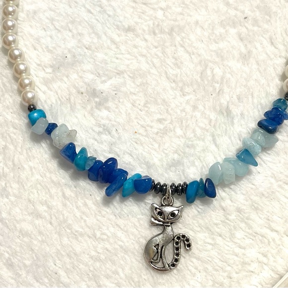 swarovski pearls beads and quartzite aqua mix chips stone choker necklace - Picture 3 of 8